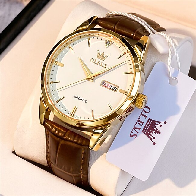 OLEVS Men Mechanical Watch Calendar Waterproof Noctilucent Day Date Genuine Leather Watch #9016293