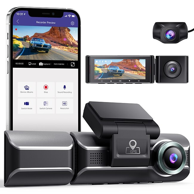AZDOME M550 3 Channel Dash Cam, Front Inside Rear Three Way Car Dash Camera, 4K+1080P Dual Channel With GPS WiFi IR Night Vision #9575445