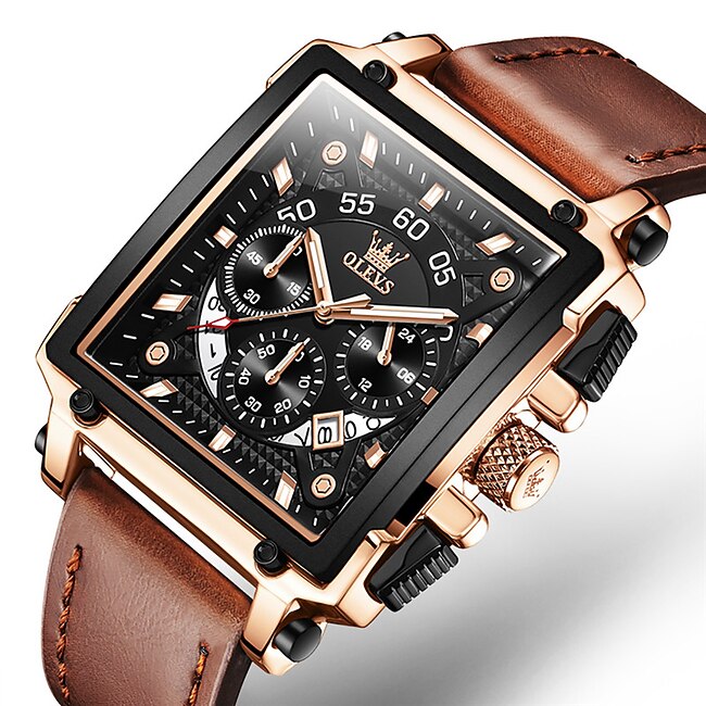 OLEVS Men Quartz Watch Calendar Chronograph Large Dial Waterproof Genuine Leather Watch #8934537
