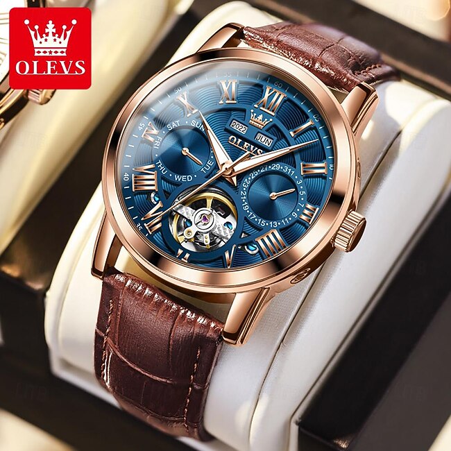 OLEVS Men Mechanical Watch Fashion Casual Wristwatch Automatic Self-winding Luminous Calendar Date Week Leather Watch #12545324