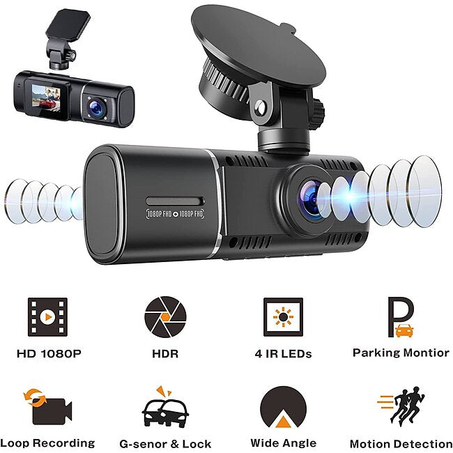 Dual Dash Cam with 64GB Micro SD Card, 1080P Front and Inside Dash Camera for Cars IR Night Vision Car Camera for Taxi Parking Monitor HDR Motion Detection Suction Cup #9208675