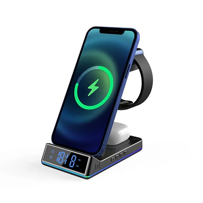 Tech On The Go 5 In 1 15W Foldable Wireless Charger Stand RGB Dock LED Clock Fast Charging Station for iPhone Samsung Galaxy Watch 5/4 S22 S21 #9739529