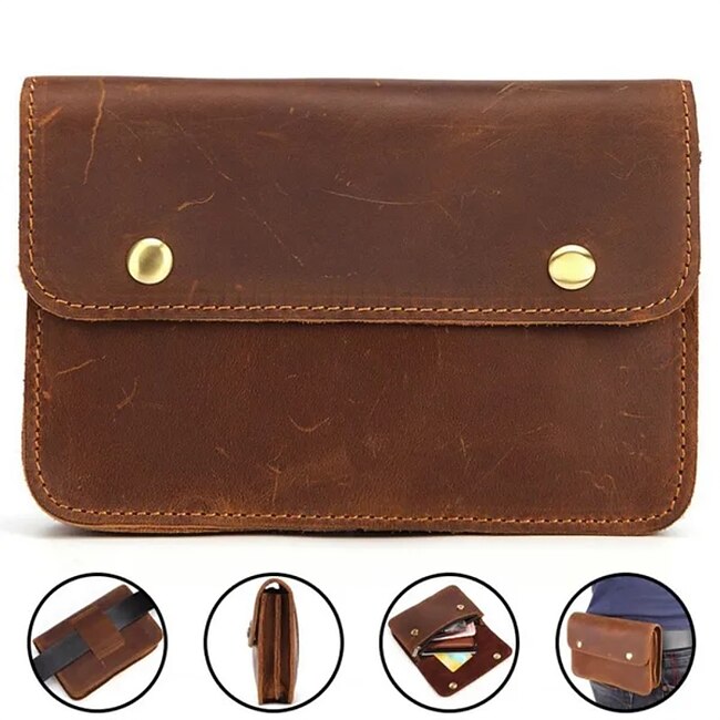 Tech On The Go Men's Fanny Waist Bag Crazy Horse Genuine Leather Waist Packs Belt Loop Hip Hook Bum Bag Handmade Travel Small Phone Waist Pouch #9606788