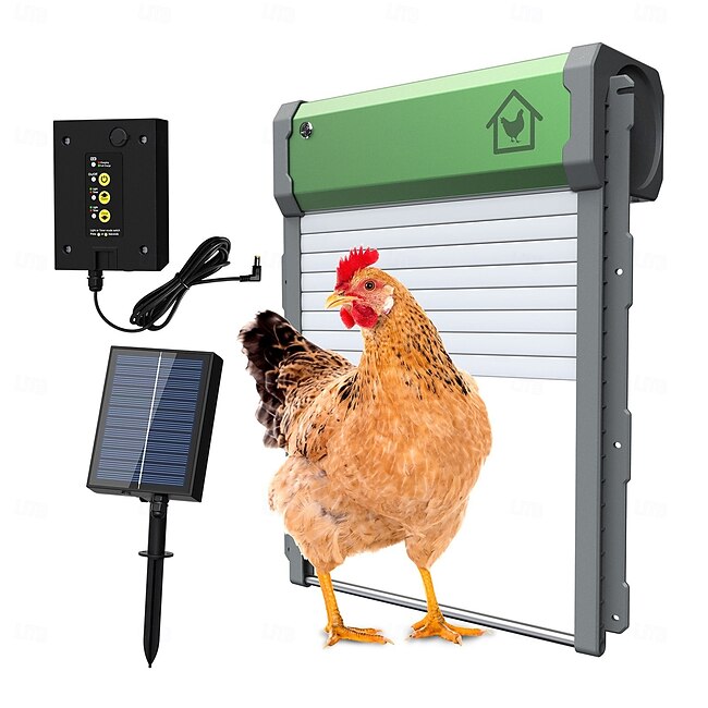Automatic Chicken Coop Door Solar Powered Chicken Door with Timer Light Sensor Remote Control Manual Mode Aluminum Alloy 4 Modes Automatic Chicken Door with Anti-Pinch Design #13733079