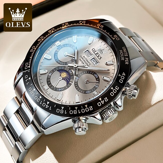 OLEVS Mens Automatic Watches Silver Bezel Stainless Steel Luxury Dress Mechanical Moon Phase Waterproof Wrist Watches for Mens Multi Date #9281021