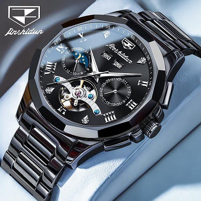 Men Mechanical Watch Fashion Casual Wristwatch Automatic Self-winding Moon phase Luminous Calendar Steel Watch #10665893