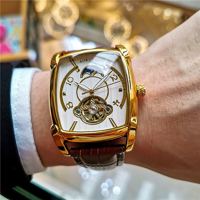 AOKULASIC Top Brand Men Watch Automatic Mechanical Mens Watches Tourbillon Fashion Waterproof Luxury Moon Tonneau orologio uomo #9756269