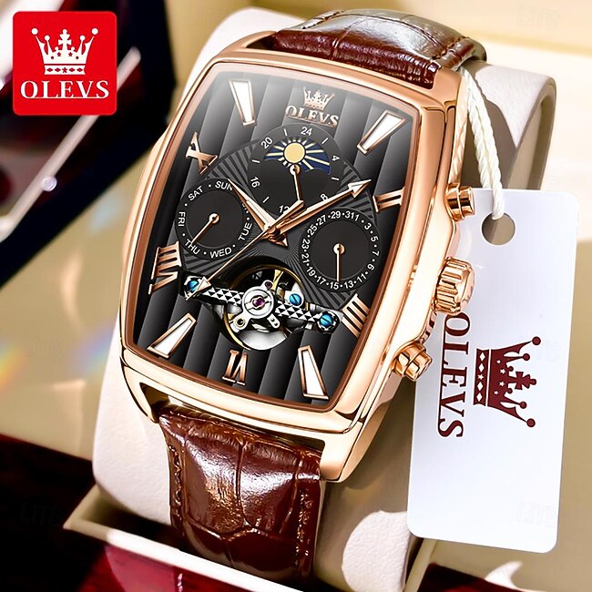 OLEVS Men Mechanical Watch Fashion Casual Wristwatch Automatic Self-winding Moon phase Luminous Calendar Leather Watch #16031326