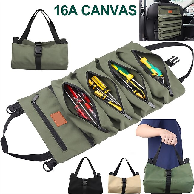 NEW Multi-Purpose Roll Up Tool Bag Hanging Canvas Wrench Tool Bag Storage Bag with 5 Zipper Bags Tool Car Accessories #9605019