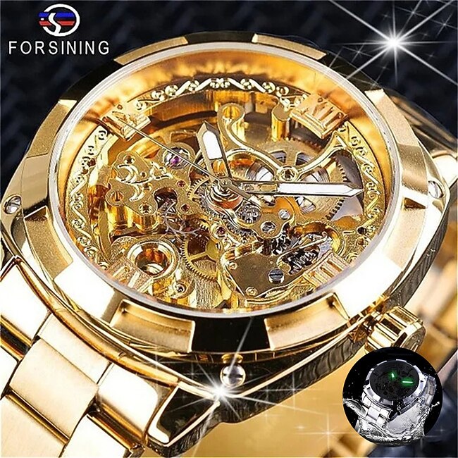 FORSINING Men Mechanical Watch Luxury Large Dial Fashion Business Hollow Skeleton Automatic Self-winding Luminous Waterproof Stainless Steel Watch #9595452