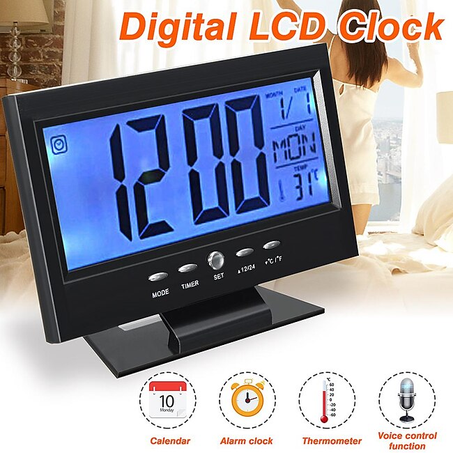 Intelligent Digital Clock Voice Control Snooze Backlight Creative Electronic Clock With Thermometer Weather Station Display Calendar Student Bedside Alarm Clock Wireless Temperature Humidity Meter #9493603