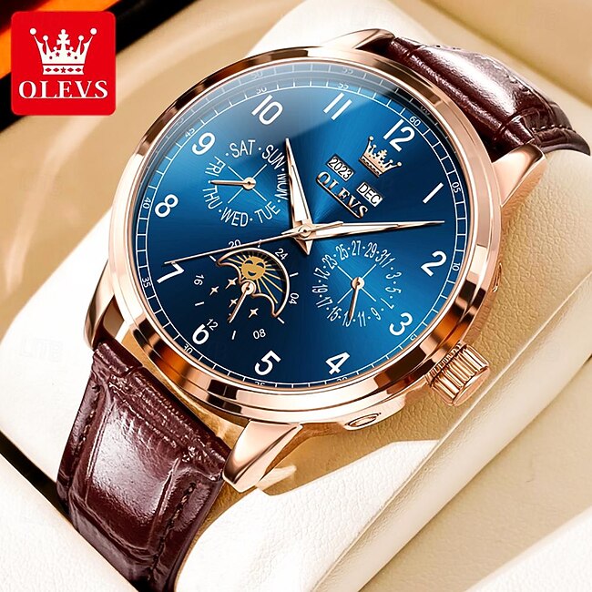 OLEVS Men Mechanical Watch Fashion Business Wristwatch Automatic Self-winding Moon phase Luminous Perpetual Calendar Leather Watch #11060790