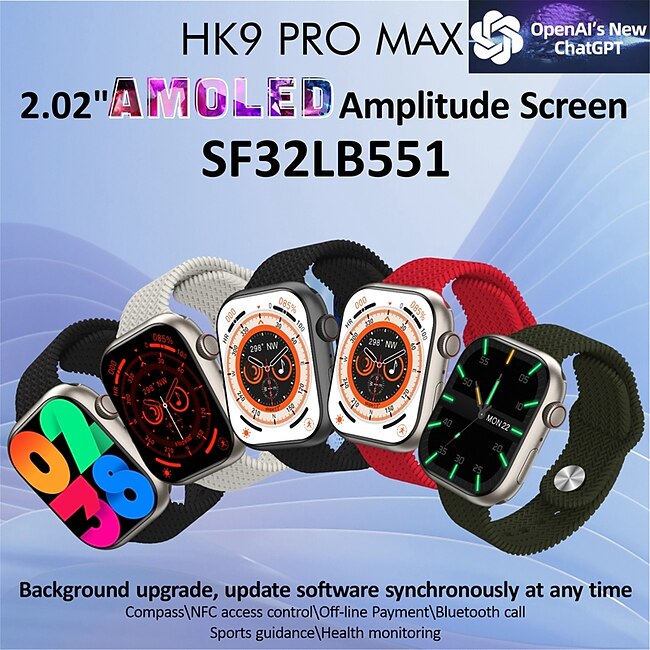 HK9 PRO MAX Smart Watch 2.02 inch Smartwatch Fitness Running Watch Bluetooth Pedometer Call Reminder Fitness Tracker Compatible with Android iOS Women Men Long Standby Hands-Free Calls Message #9707471