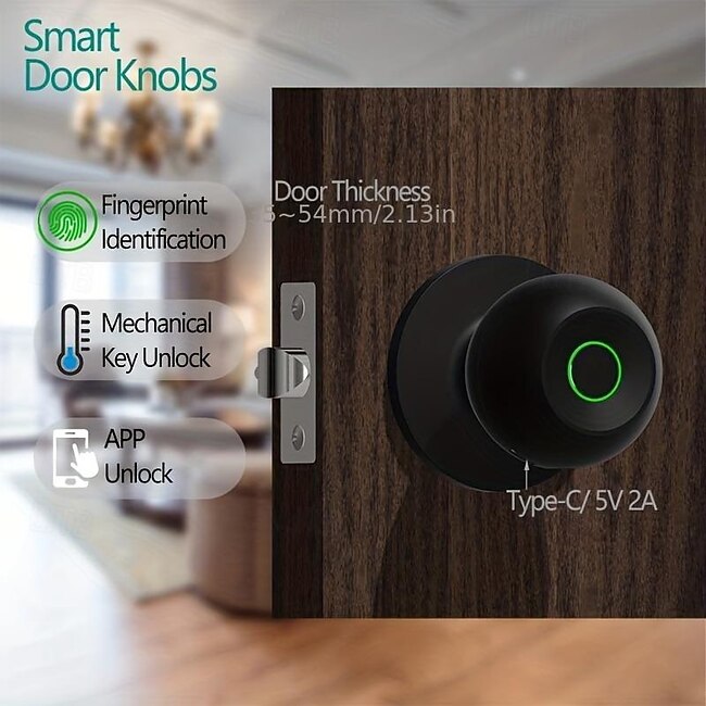 Biometric Smart Door Knob with Tuya App Control Secure Fingerprint Lock for Bedroom Cloakroom Apartments Offices #13225762