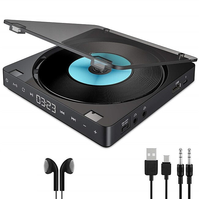 CD Player Portable Rechargeable 1800mAh Battery Touch Button CD Disc Walkman with Double Earphones Jacks & Two Headphones Memory Function Anti-Skip Protection Digital Display with AUX Cable #9402400