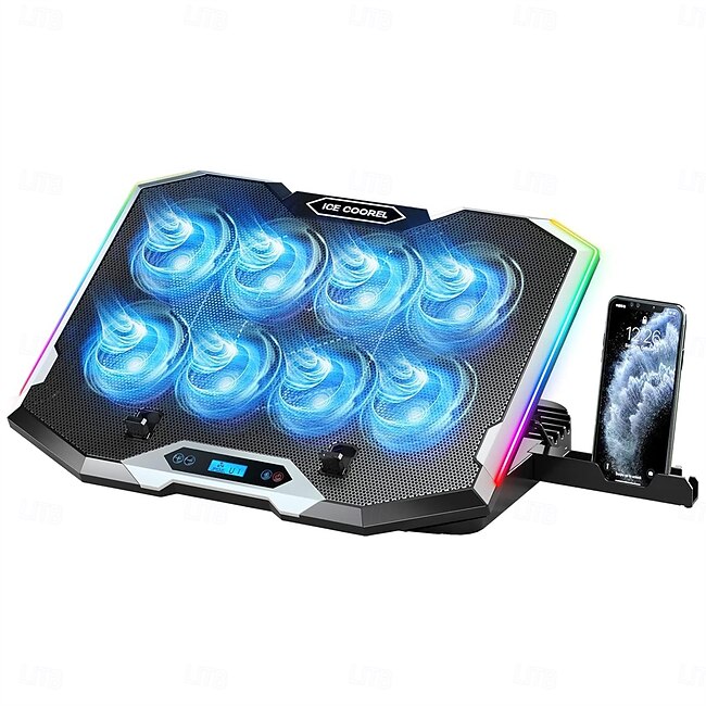 Tech On The Go Gaming Laptop Cooling Pad with 8 Cooling Fans Laptop Fan Cooler Pad for 15-17.3 Inch Cooler Stand with 6 Height Adjustable RGB Cooling Pad with Two USB Port & Phone Stand #11549155