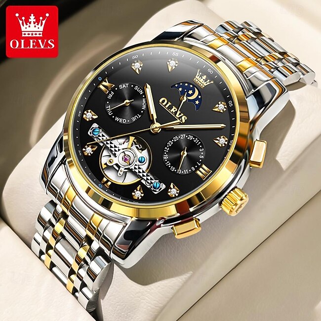 OLEVS Men Mechanical Watch Creative Outdoor Fashion Casual Automatic Self-winding Moon phase Luminous Calendar Steel Watch #15204358