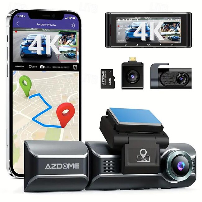 4K Ultra HD 3-Channel Car Recorder 2K1080P1080P inside front and rear 3.19-inch IPS screen Super Night Vision Built-in 5G WiFi and GPS Rear Camera Mirror Flip Function 24-Hour Parking Mode #16403779