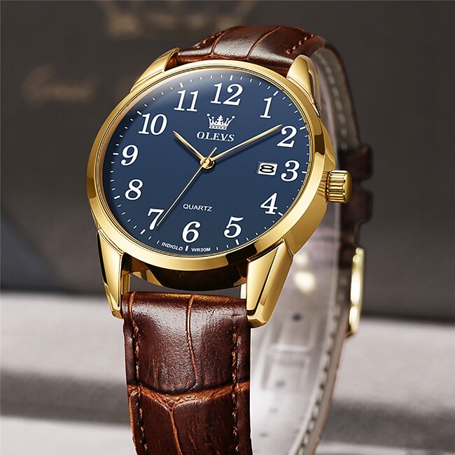OLEVS Men Quartz Watch Calendar Waterproof Genuine Leather Watch #8911340